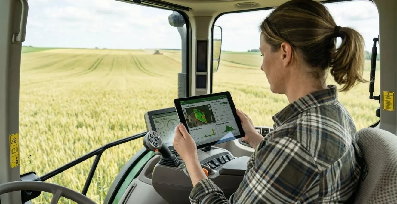 Un agriculteur de dos consulte une tablette tactile dans la cabine d'un tracteur moderne, avec un champ de céréales visible en arrière-plan