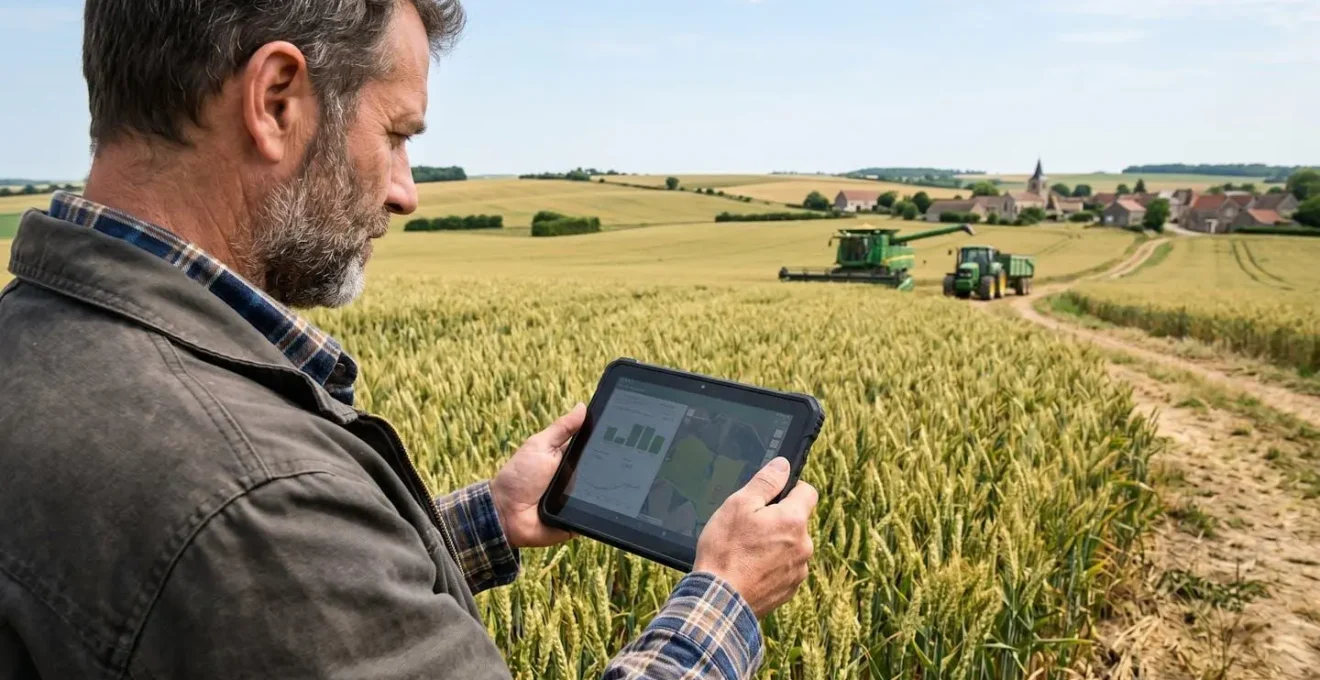 Un agriculteur vu de dos consulte une tablette tactile au milieu d'un champ de blé sous une lumière naturelle de fin de journée