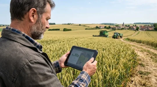 Un agriculteur vu de dos consulte une tablette tactile au milieu d'un champ de blé sous une lumière naturelle de fin de journée
