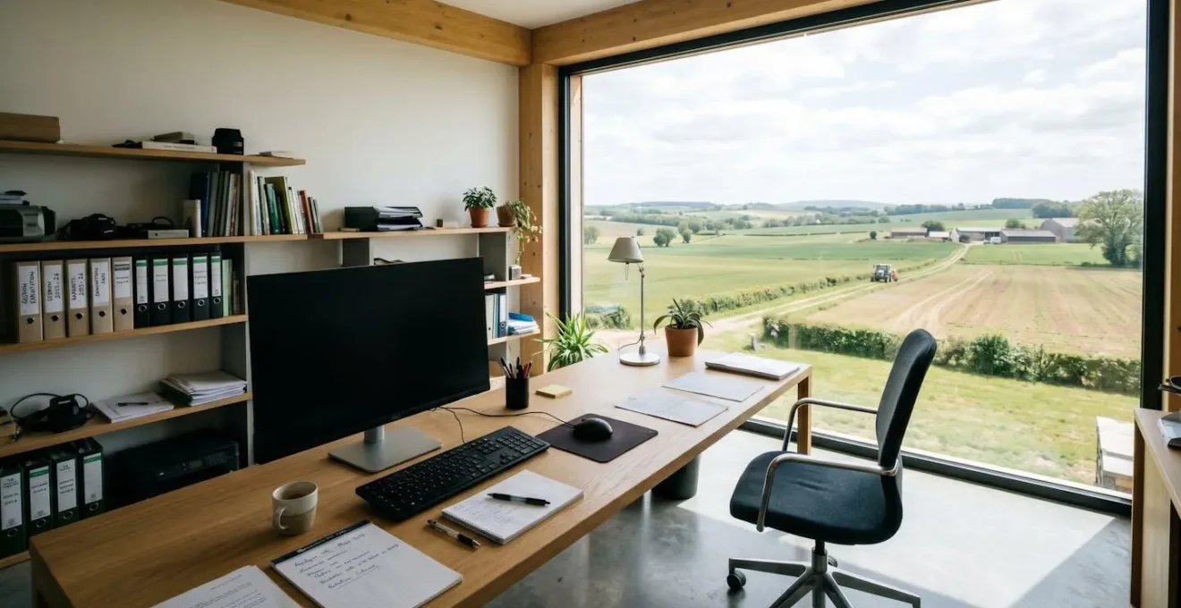 Bureau d'exploitation agricole contemporain avec grand écran d'ordinateur éteint et fenêtre donnant sur des parcelles cultivées en arrière-plan