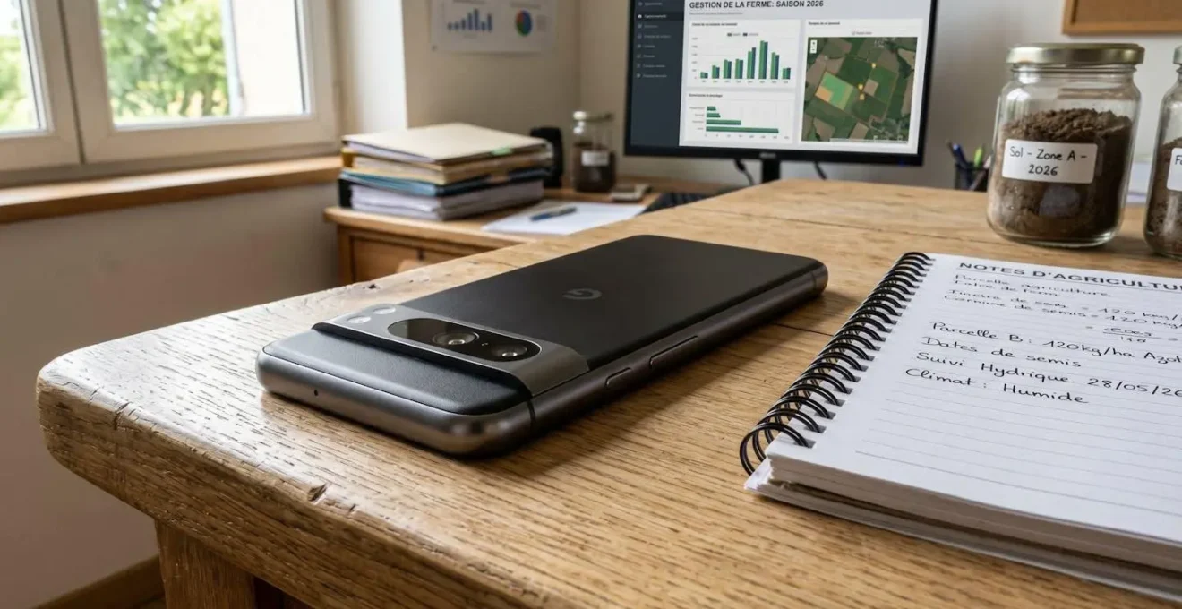 Gros plan sur un smartphone moderne posé sur un bureau d'exploitation agricole avec un cahier ouvert et un stylo en arrière-plan flouté