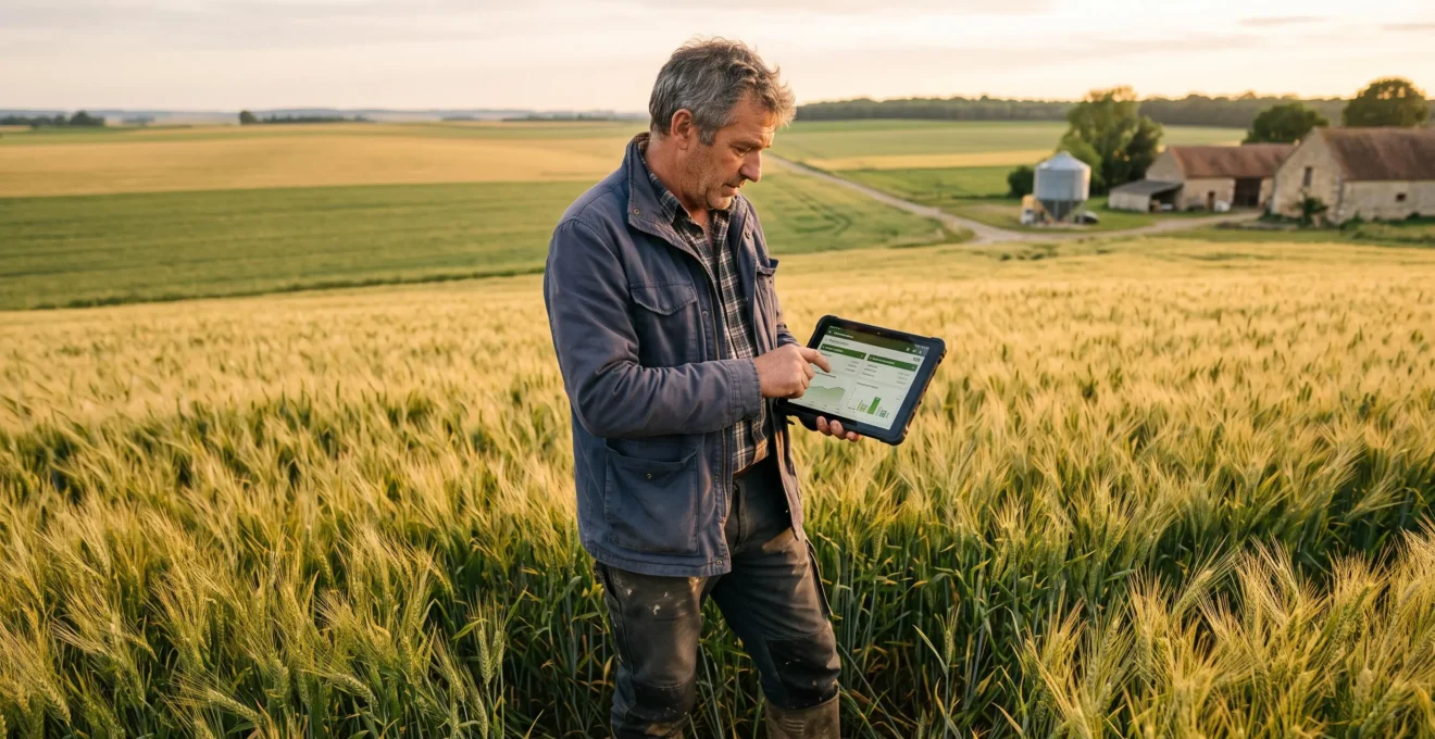 Agriculteur français consultant une tablette connectée debout dans une parcelle de céréales, paysage agricole ouvert en arrière-plan sous lumière naturelle