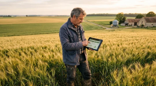 Agriculteur français consultant une tablette connectée debout dans une parcelle de céréales, paysage agricole ouvert en arrière-plan sous lumière naturelle