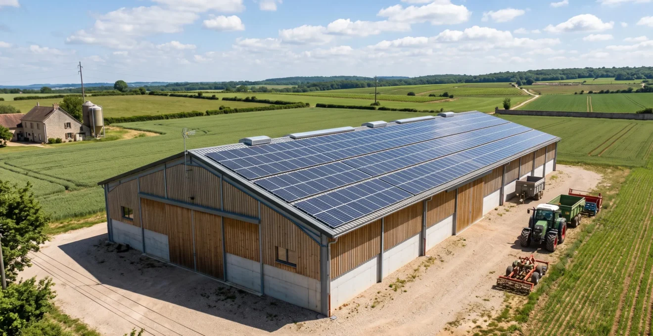 Bâtiment agricole français équipé de panneaux photovoltaïques sur toiture, environnement rural avec champs en arrière-plan et ciel dégagé