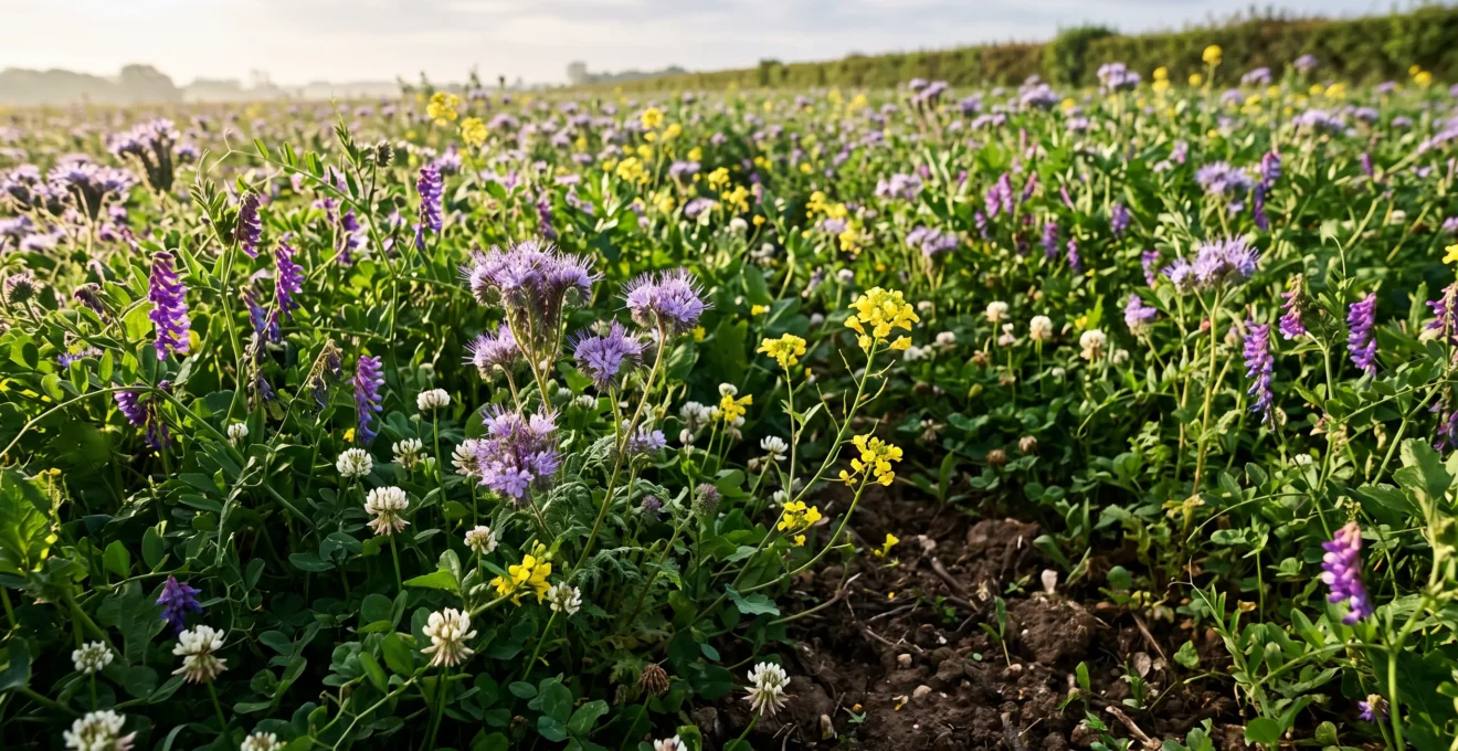 Couvert végétal multiespèces en fleurs dans une parcelle agricole française, mélange de trèfle, vesce et phacélie, sol vivant visible
