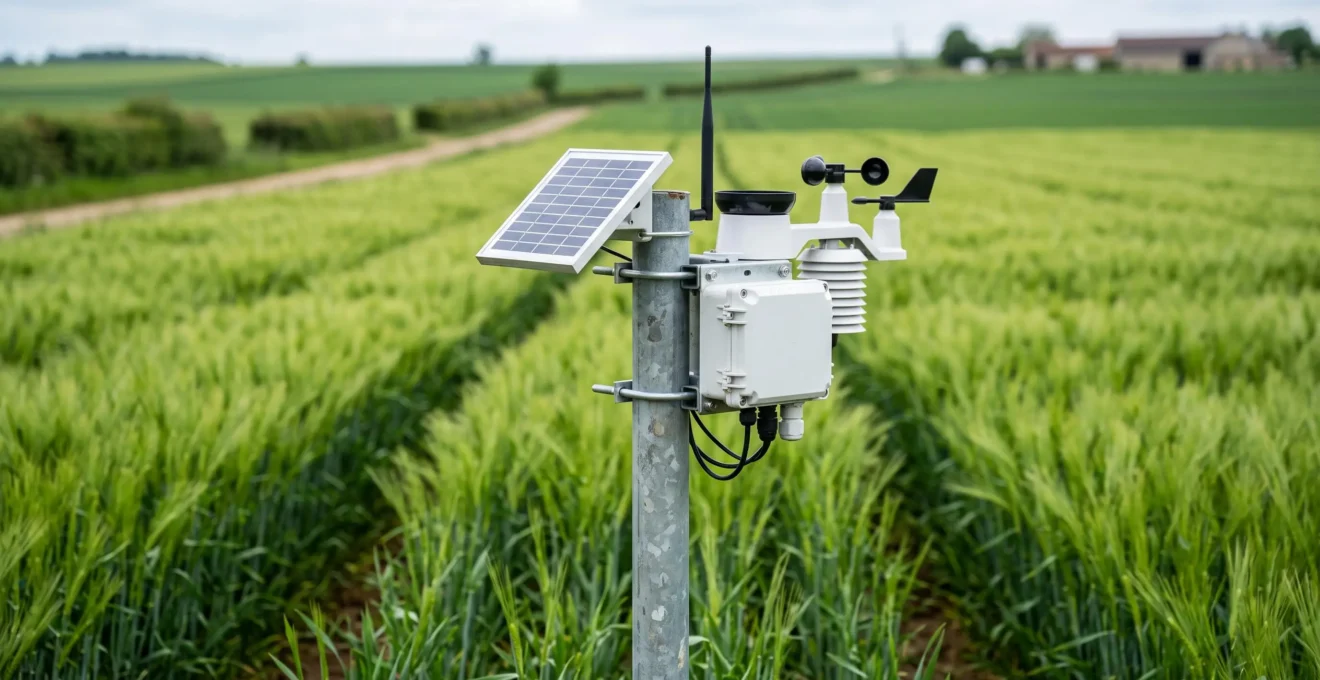 Station météo connectée installée dans une parcelle agricole française, équipée de capteurs et panneau solaire, cultures en arrière-plan