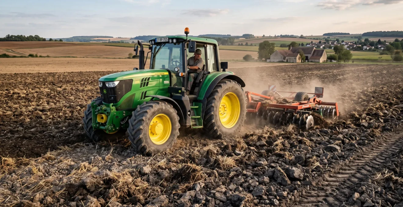 Un agriculteur travaille un sol avec un déchaumeur à disques attelé à son tracteur.
