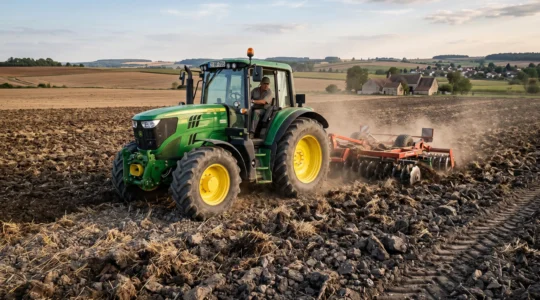 Un agriculteur travaille un sol avec un déchaumeur à disques attelé à son tracteur.