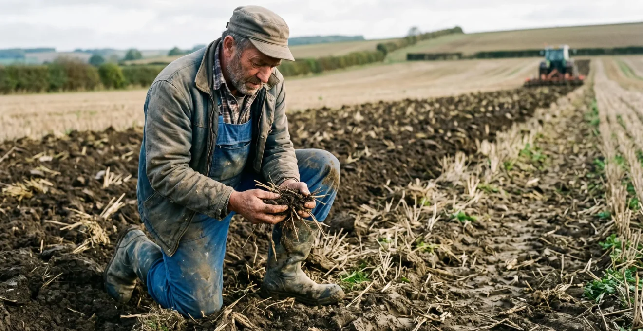 Un agriculteur examine une poignée de terre et de résidus au bord d'une parcelle travaillée.